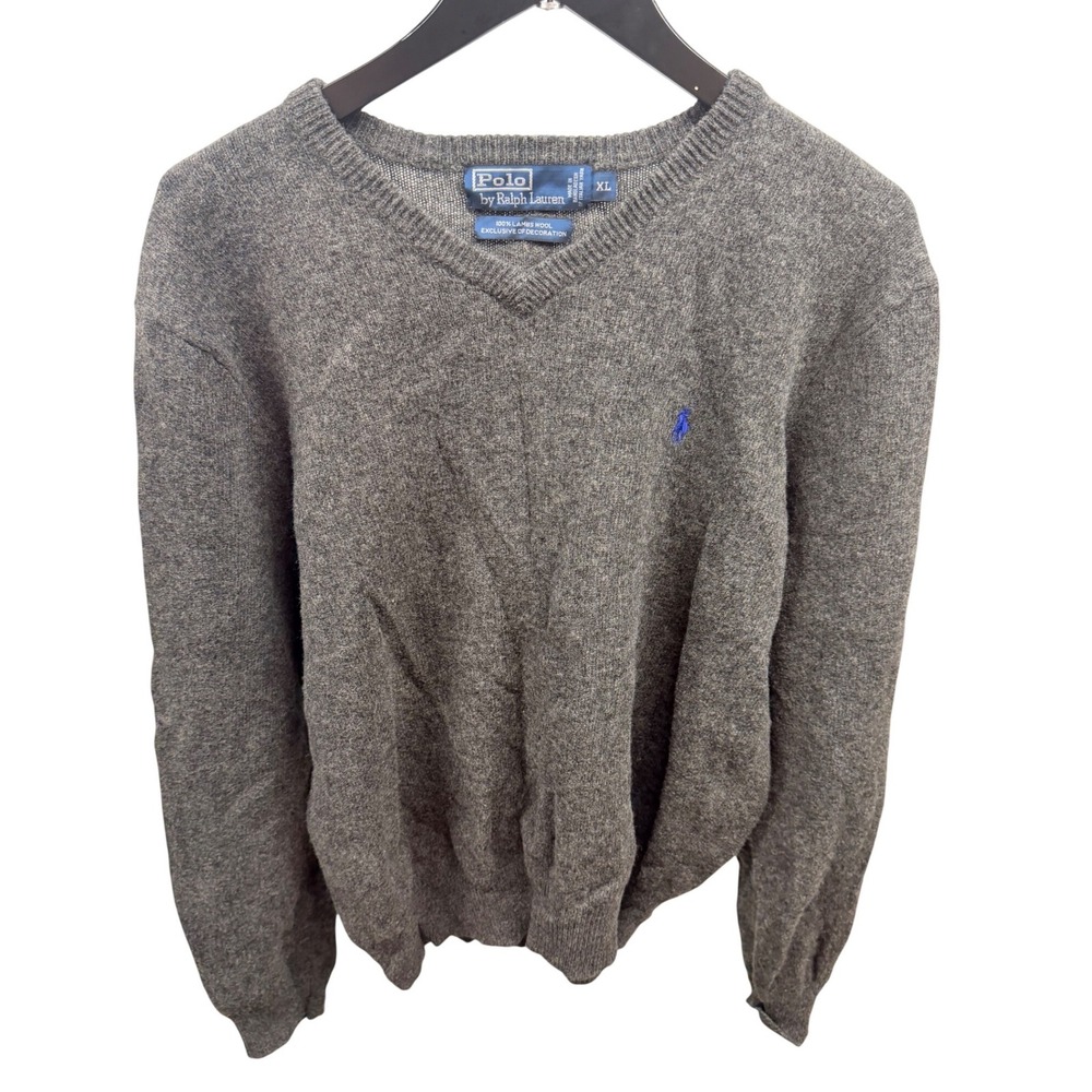 Polo Ralph Lauren Mens Vintage XL Grey 100% Lambswool Knit V-Neck Preppy Sweater